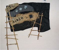 Ladders To Escape when Joan Miro used the title he referred to the social situation in general. Here I am referencing exploitation and abuse of women and children.  36 wide by 36 long  Bambo, twine , cotton, burlap, screening wire, metallic fiber